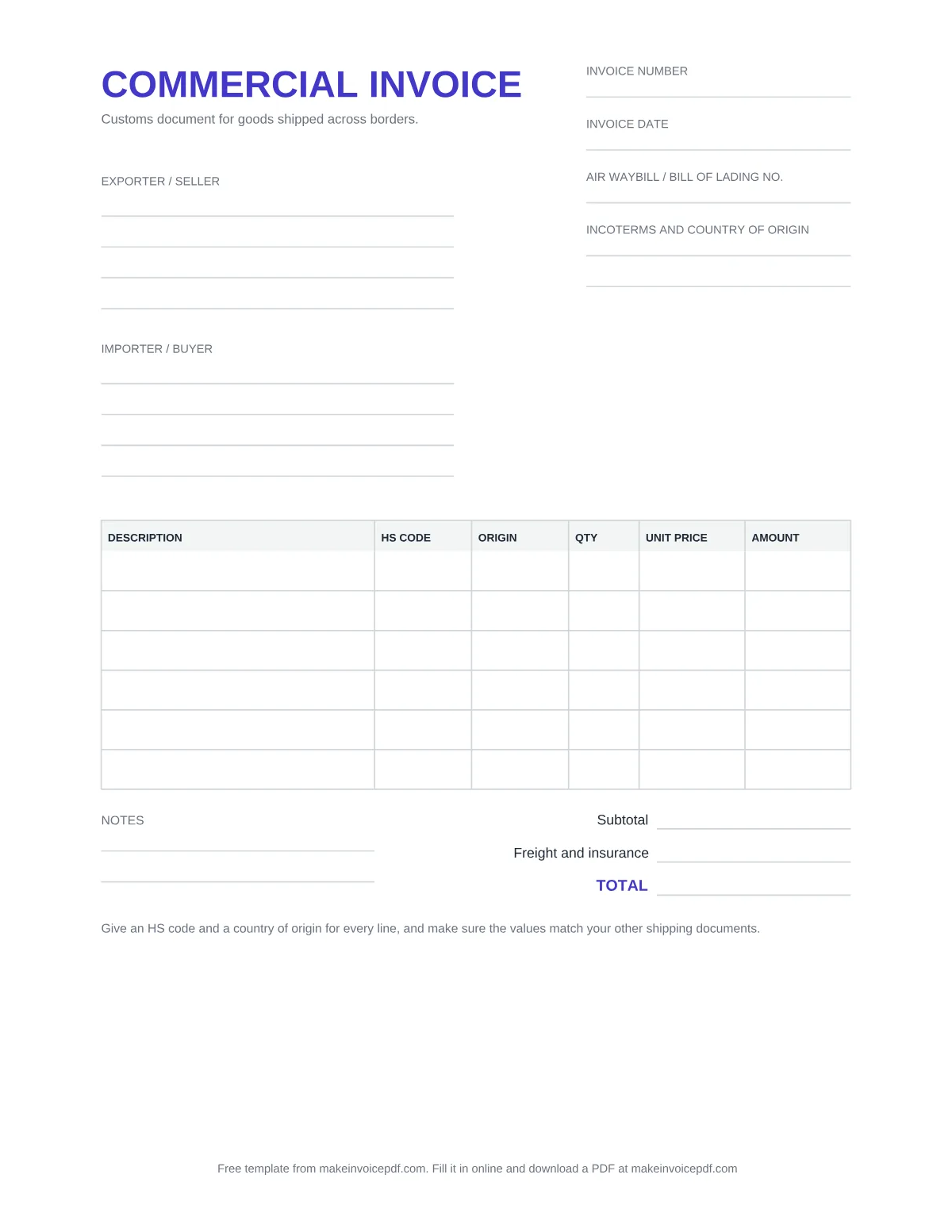 Blank commercial invoice template, page 1