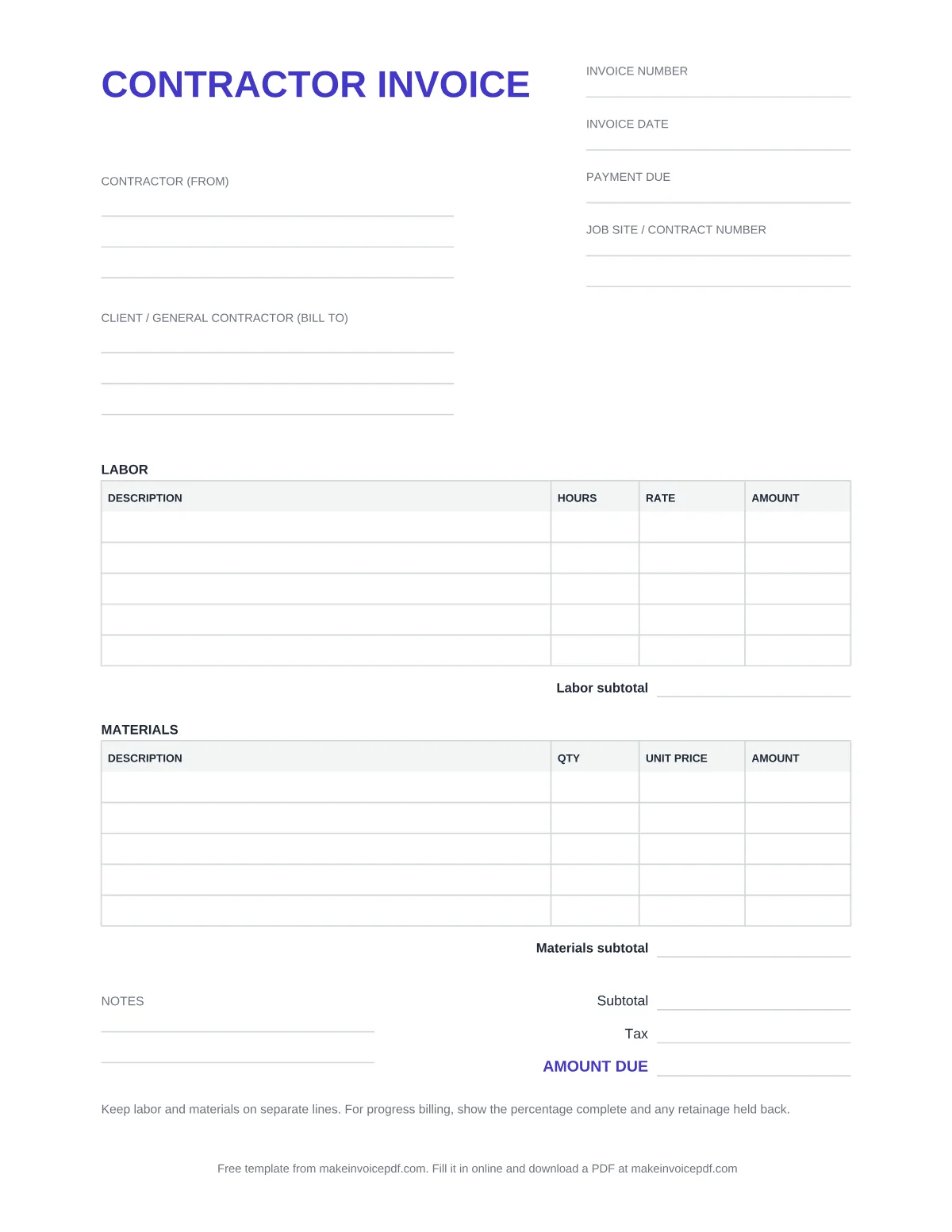Blank contractor invoice template, page 1