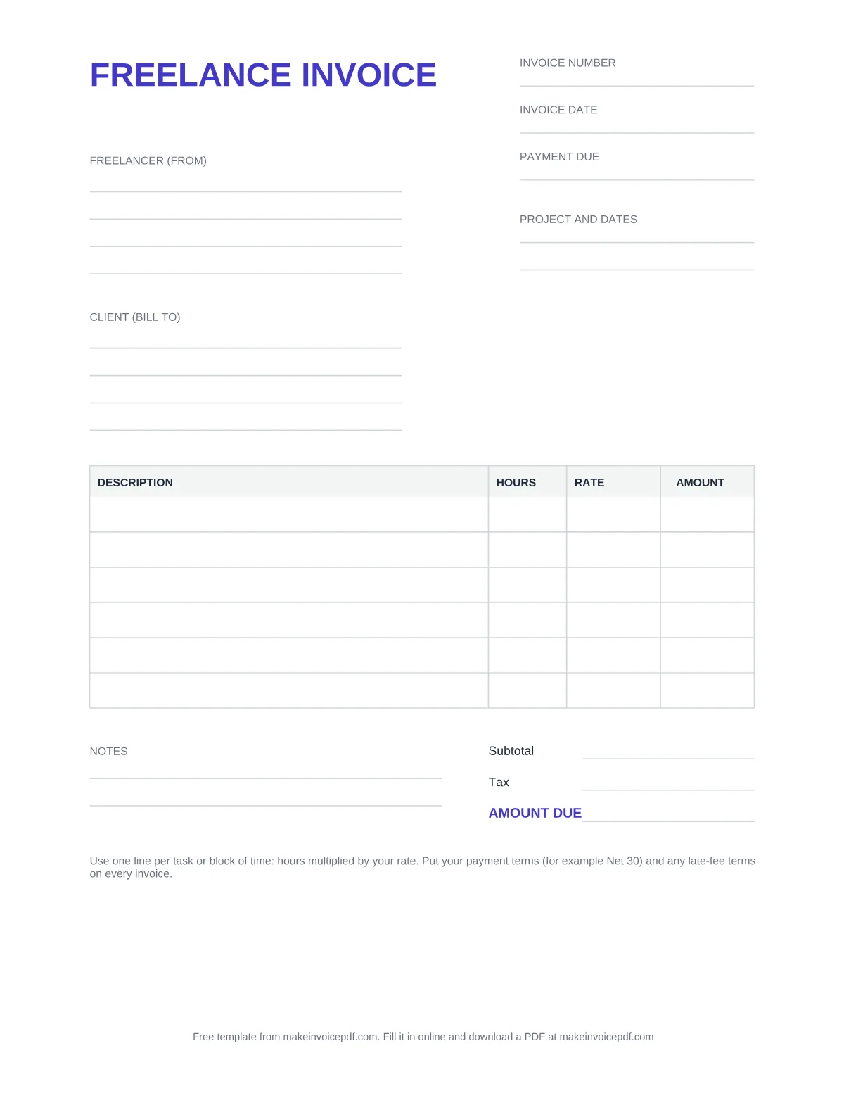Blank freelance invoice template, page 1