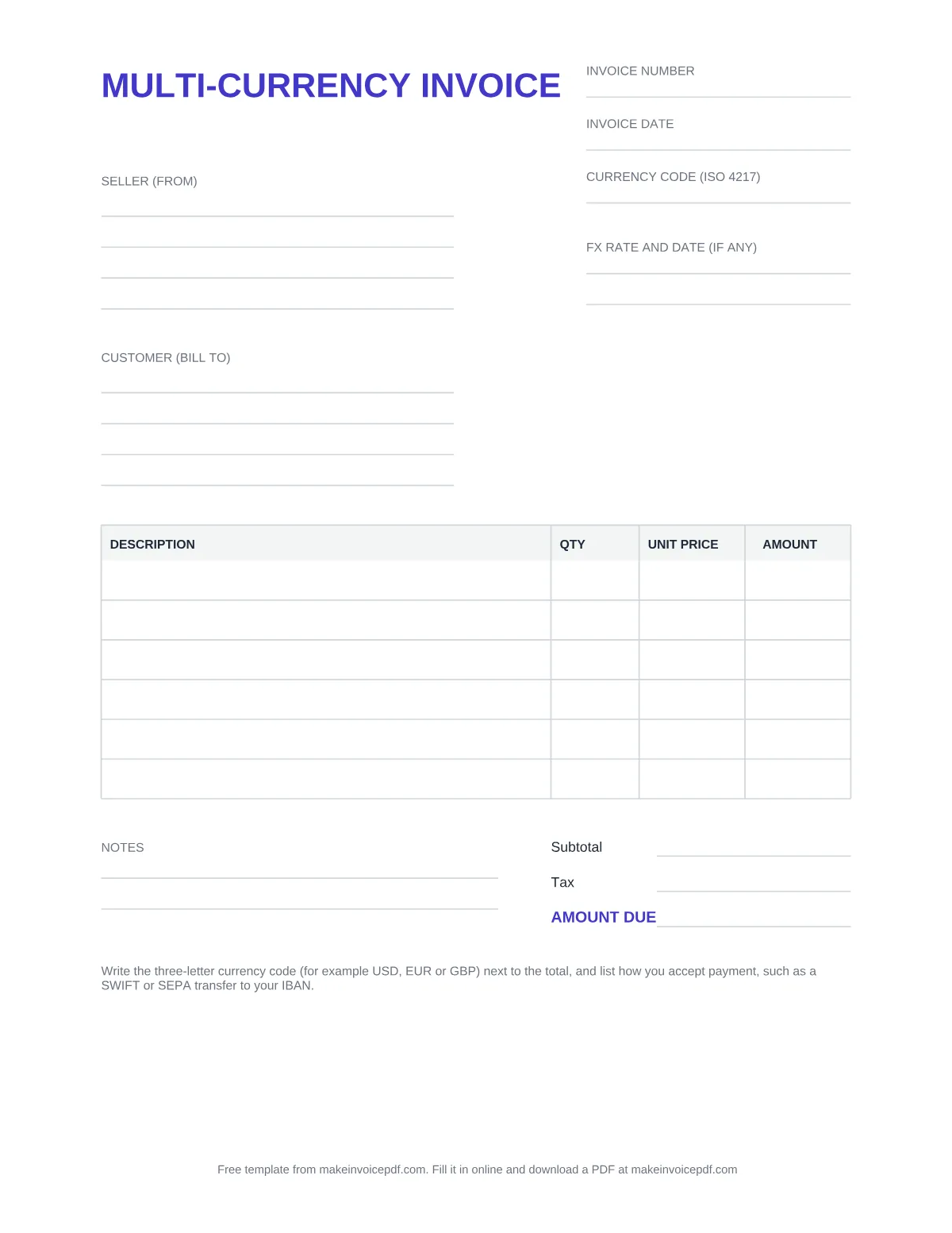 Blank multi-currency invoice template, page 1