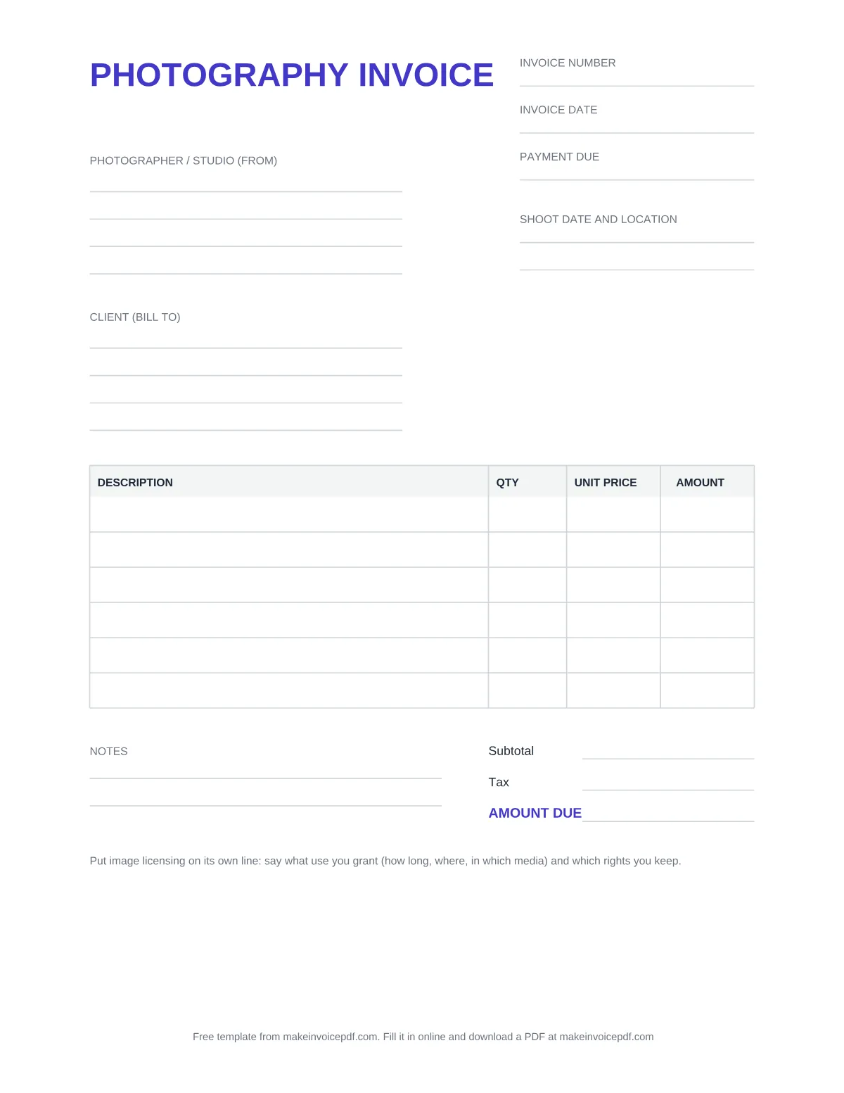 Blank photography invoice template, page 1