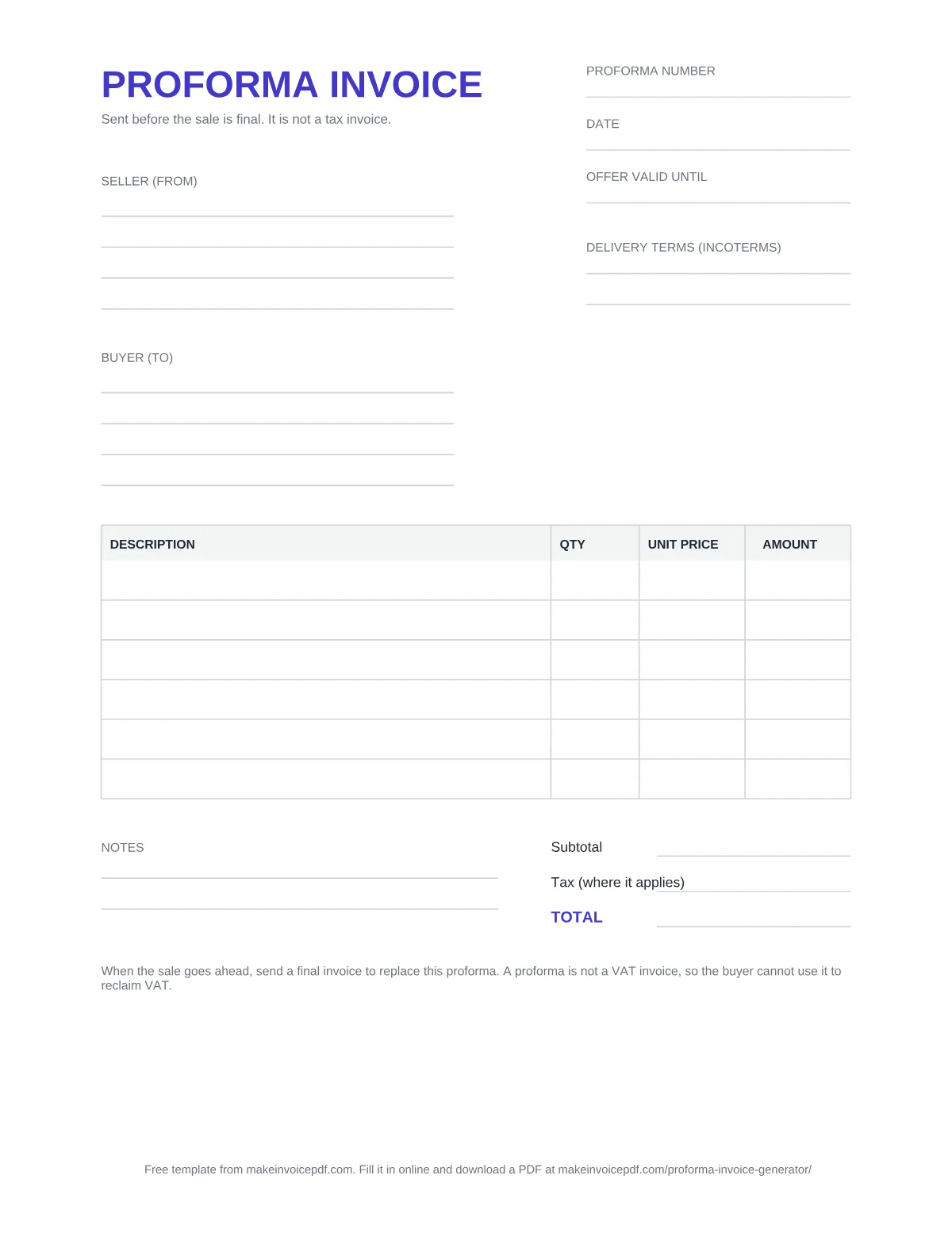 Blank proforma invoice template, page 1