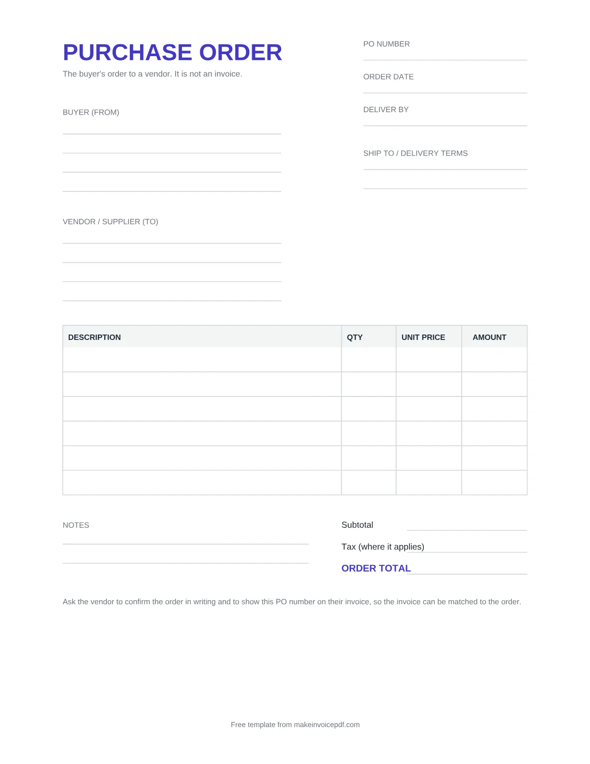 Blank purchase order template, page 1
